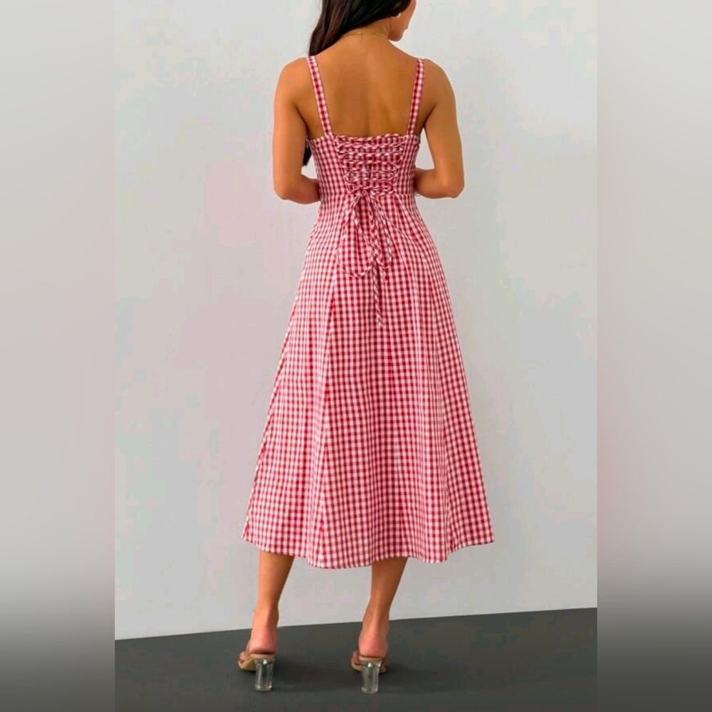 New Gingham Lace Up Back A Line Midi Dress Red White - Picture 5 of 8